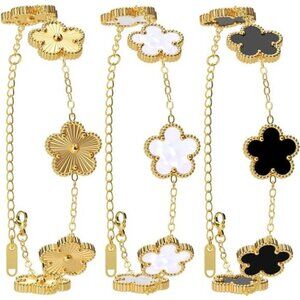 Gold Plated Clover Bracelet Set Women Lucky Flower Black White Gold Jewelry